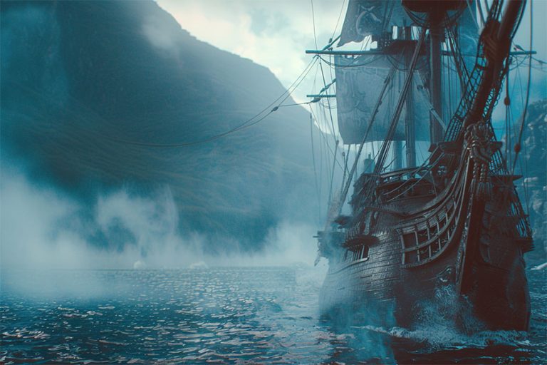 pirate ship in fog
