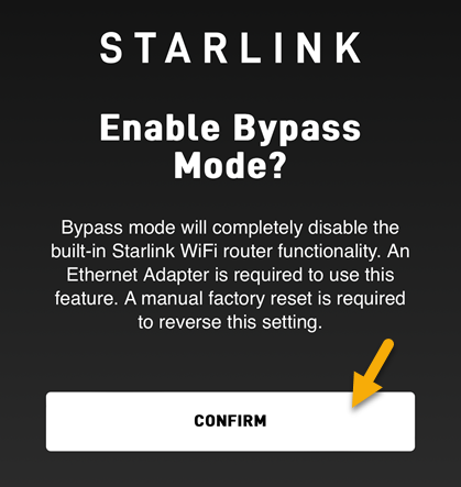 Starlink Enable Bypass Mode confirmation web page