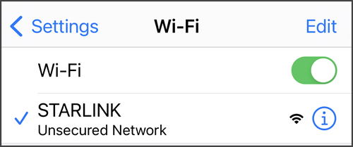 STARLINK network selected in iPhone Wi-Fi settings